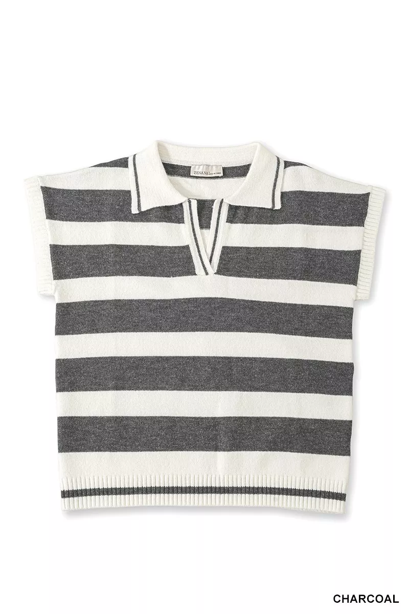 Striped Collared Short Sleeve Sweater, image 4