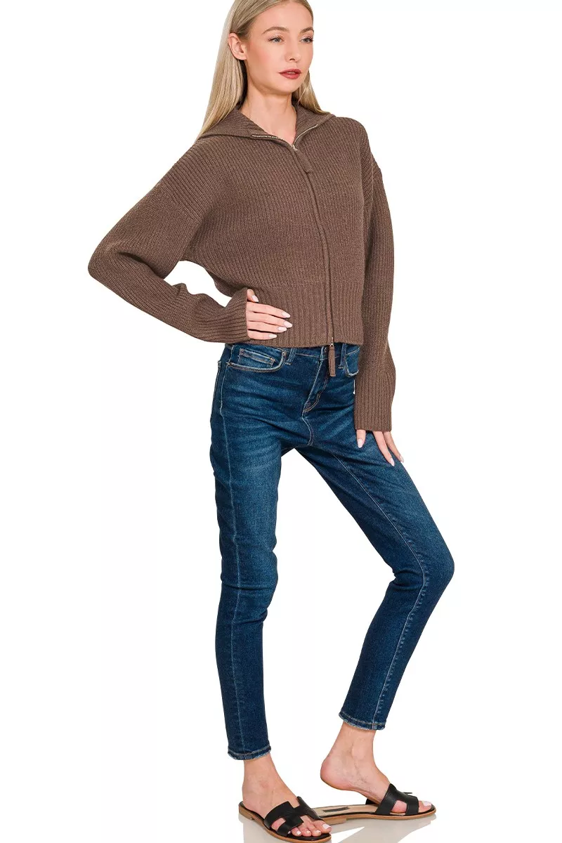 Ribbed Collared Zip Up Sweater Cardigan, image 2
