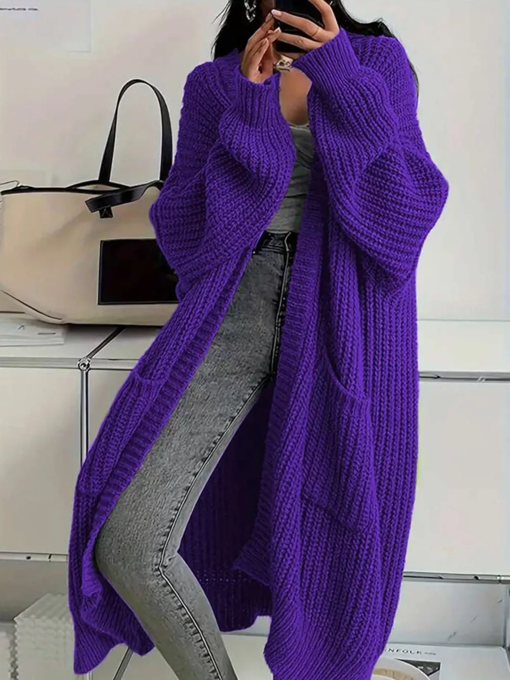 Full Size Chunky Knit Openwork Front Longline Cardigan Plus Size, image 36