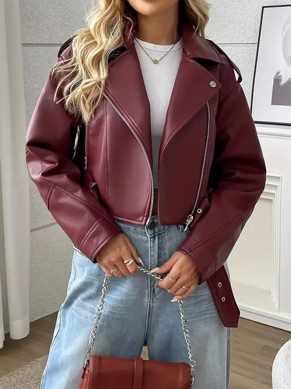 Full Size Faux Leather Zip Up Jacket Plus Size, image 5