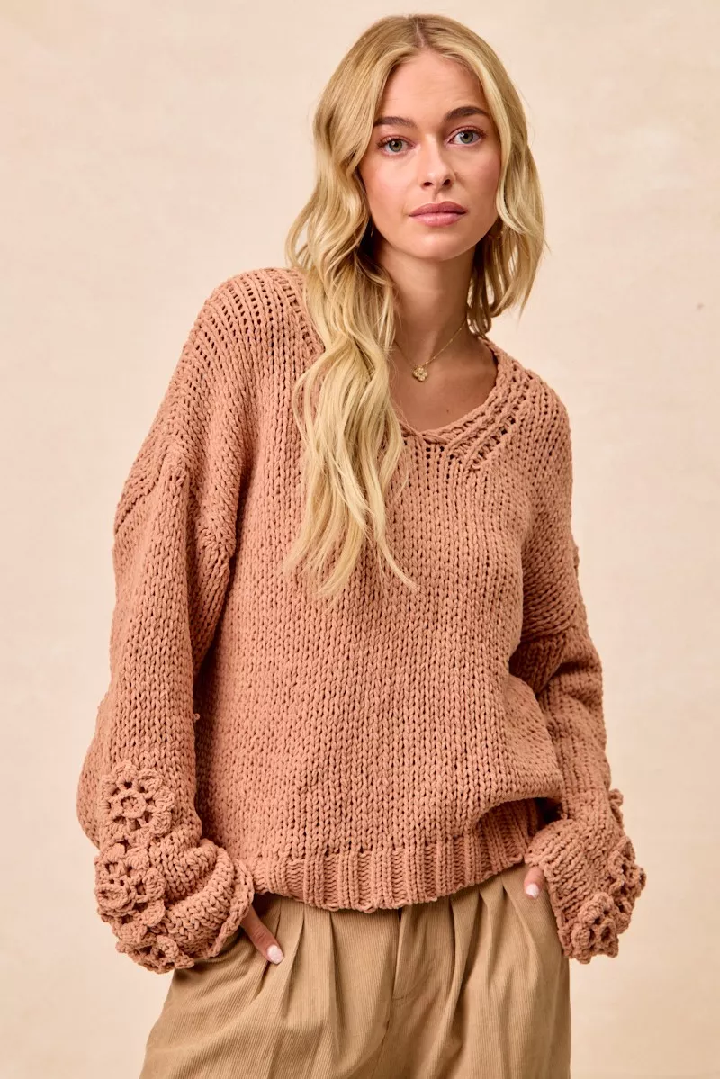 Chunky Knit Sweater with Flower Detail Sleeves, image 9