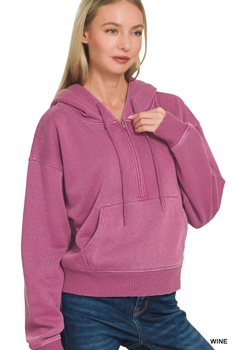 Fleece Pigment Dye Half Zip Kangaroo Pocket Hoodie, image 4
