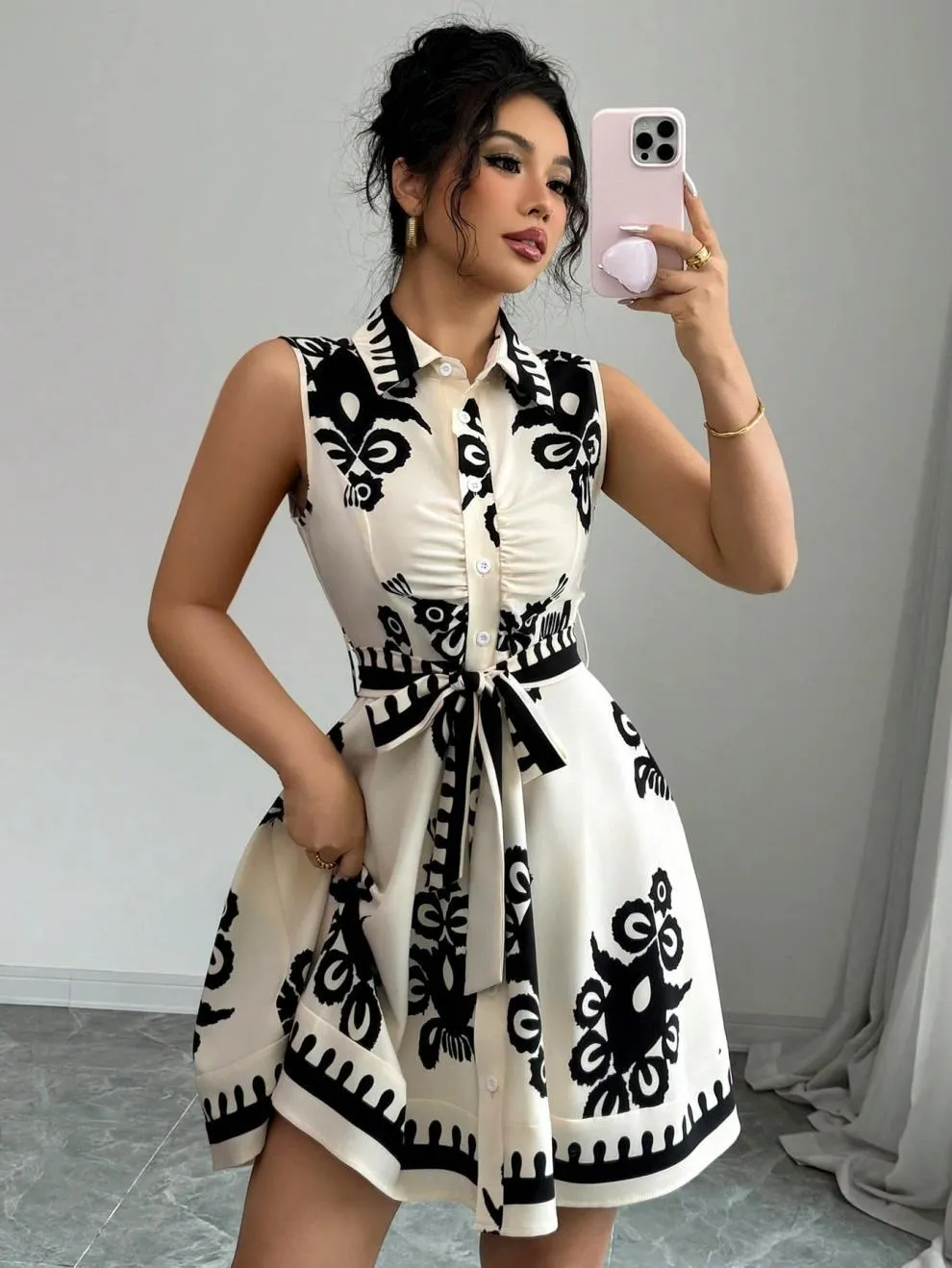 Printed Sleeveless Button Front Dress, image 6