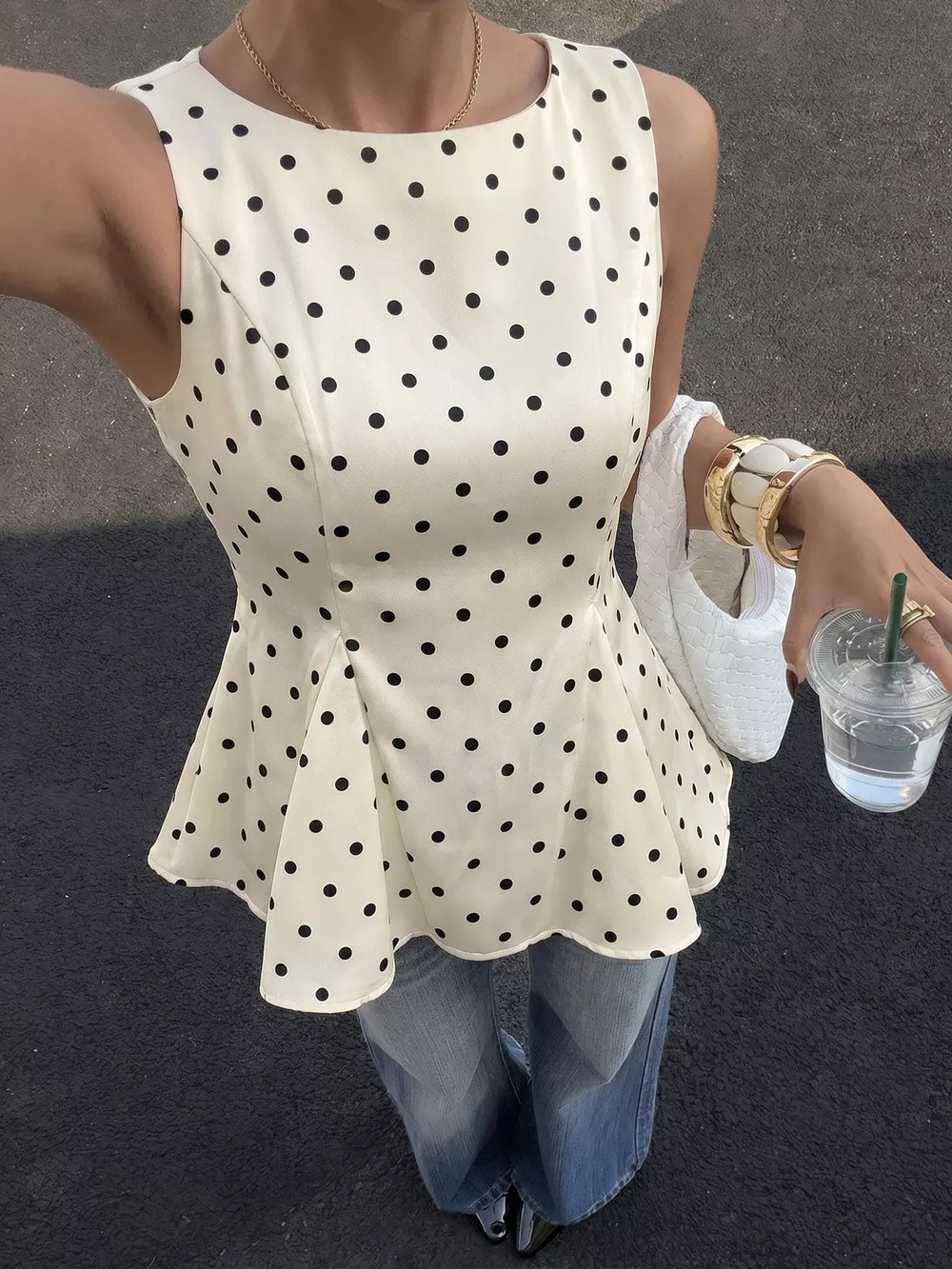 Polka Dot Sleeveless Peplum Blouse, image 3