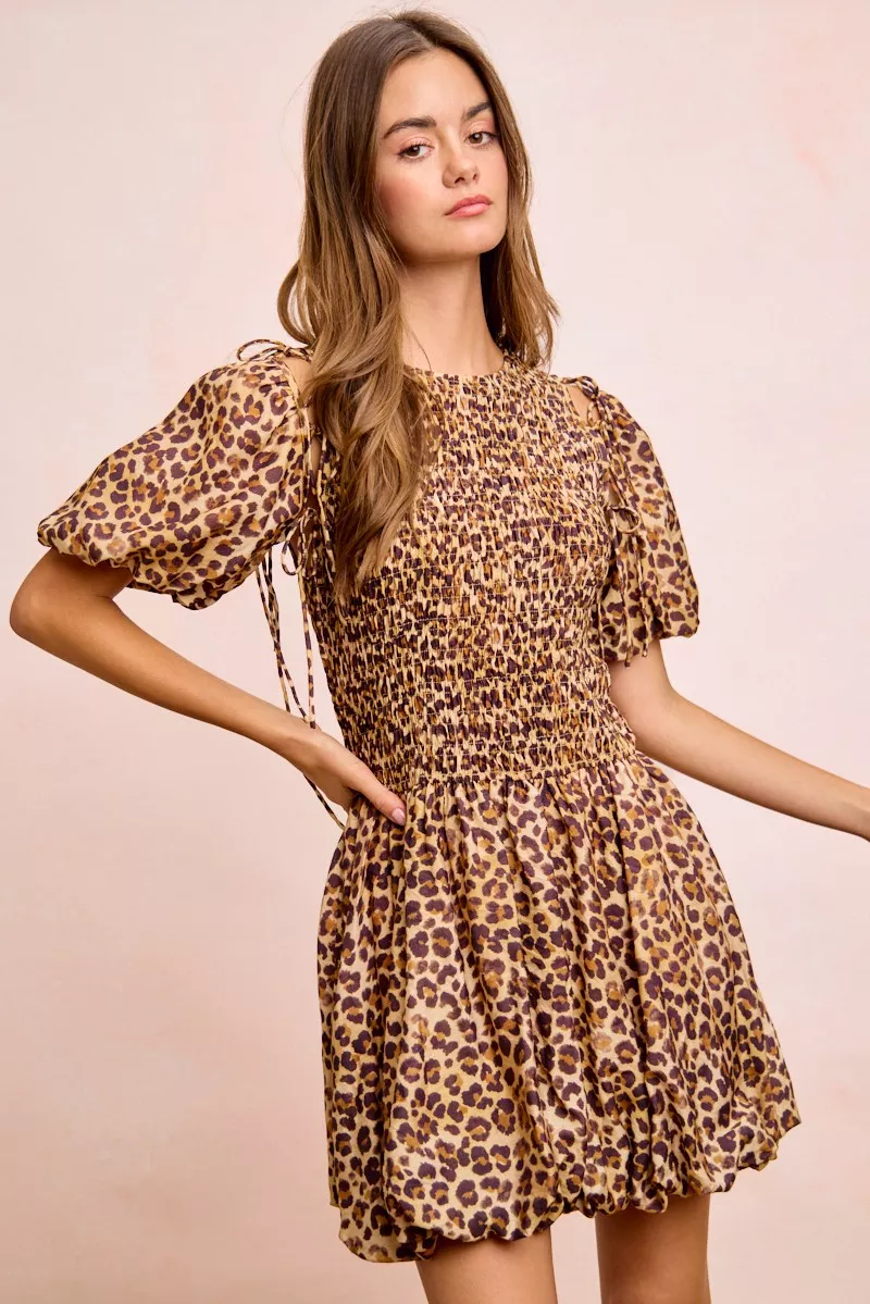 Leopard Bow Tie Attachable Puff Sleeves Dress, image 7