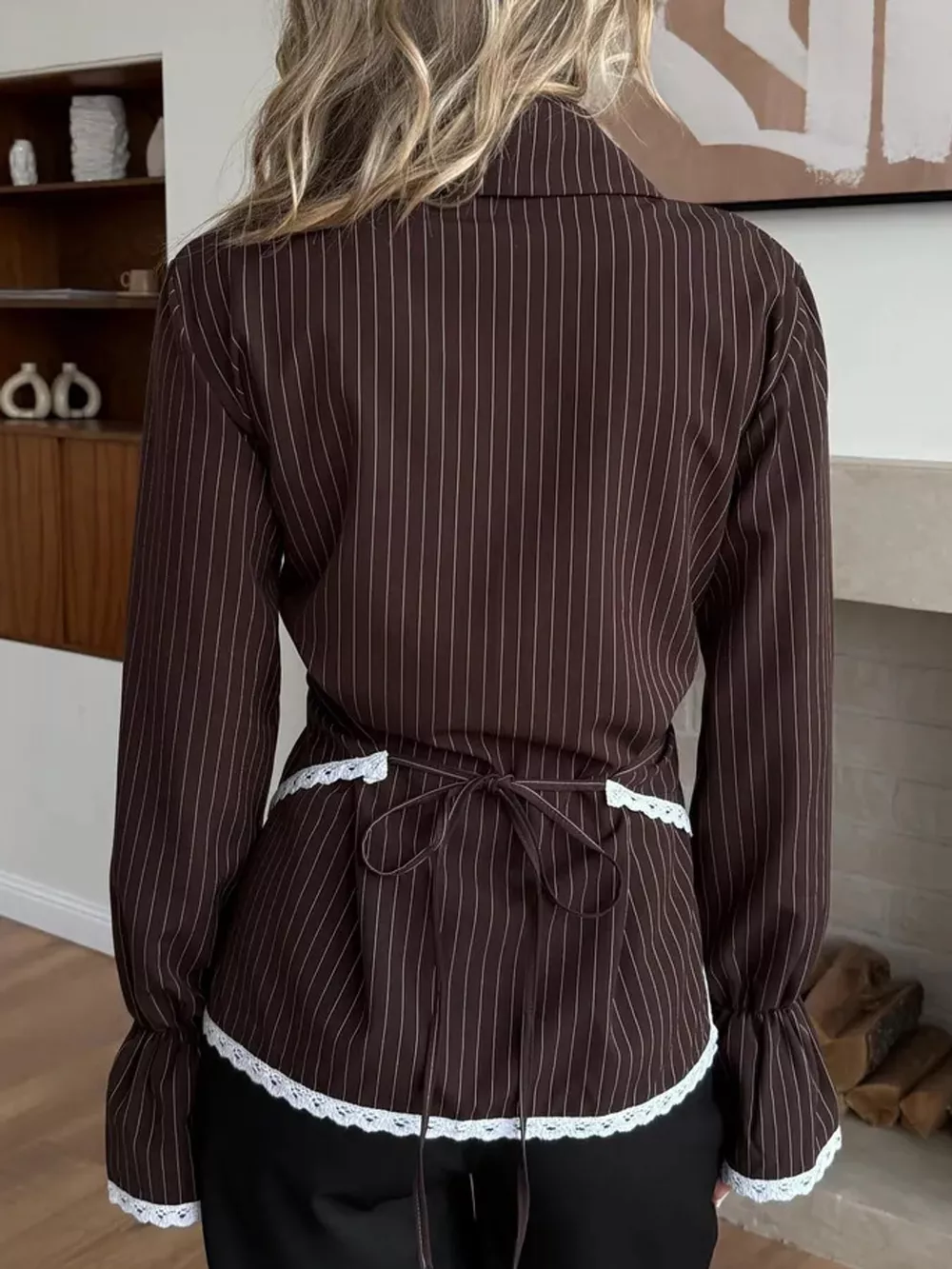 Lace Trim Long Sleeves Striped Shirt, image 6