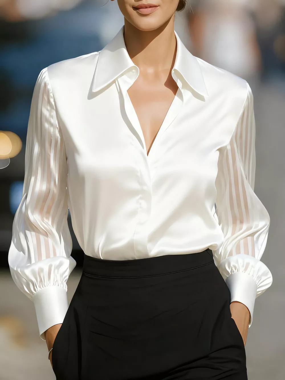 Elegant Shirt with Sheer Striped Sleeves