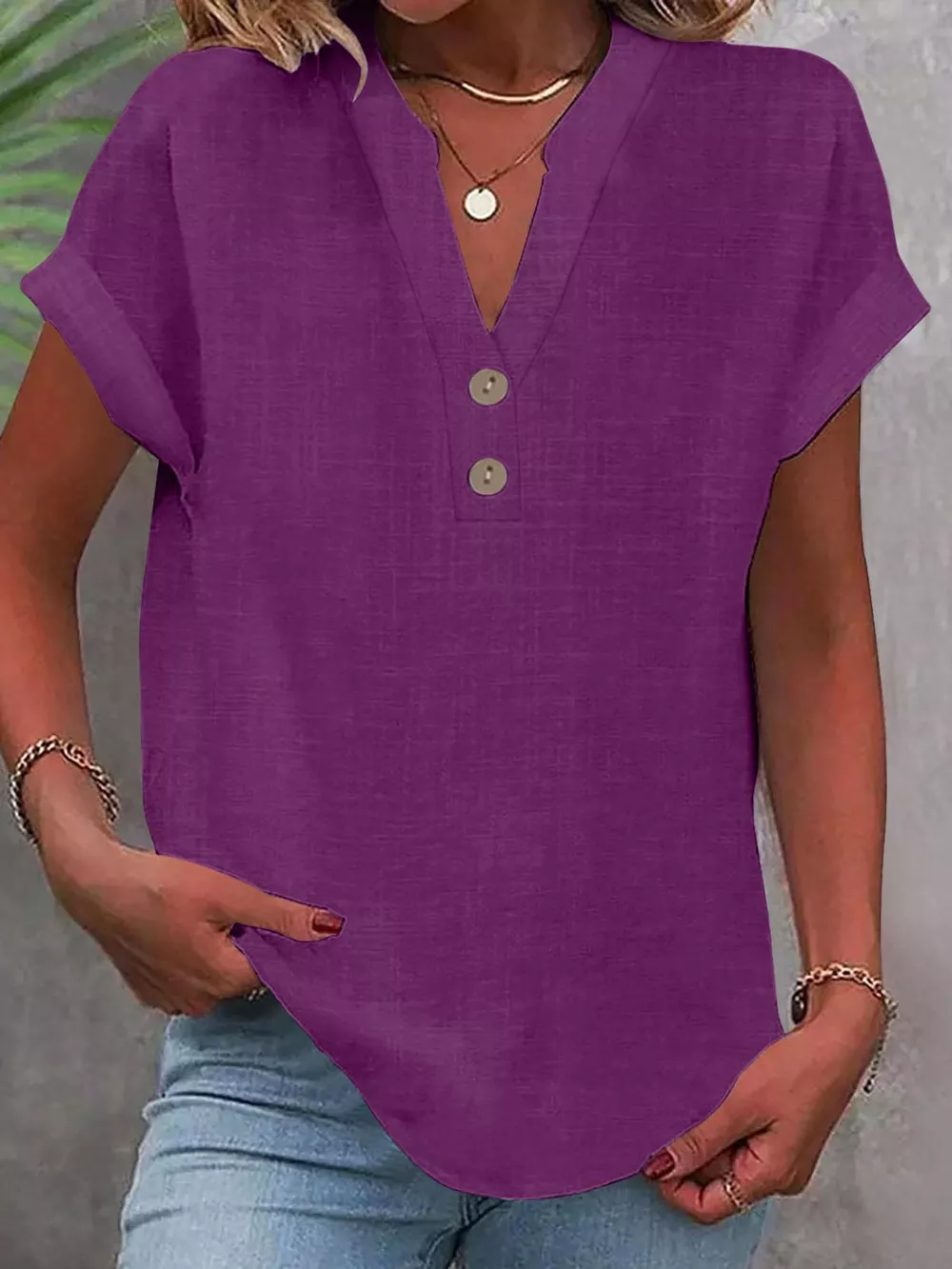 Full Size Button Detail Short Sleeve Blouse Plus Size, image 66