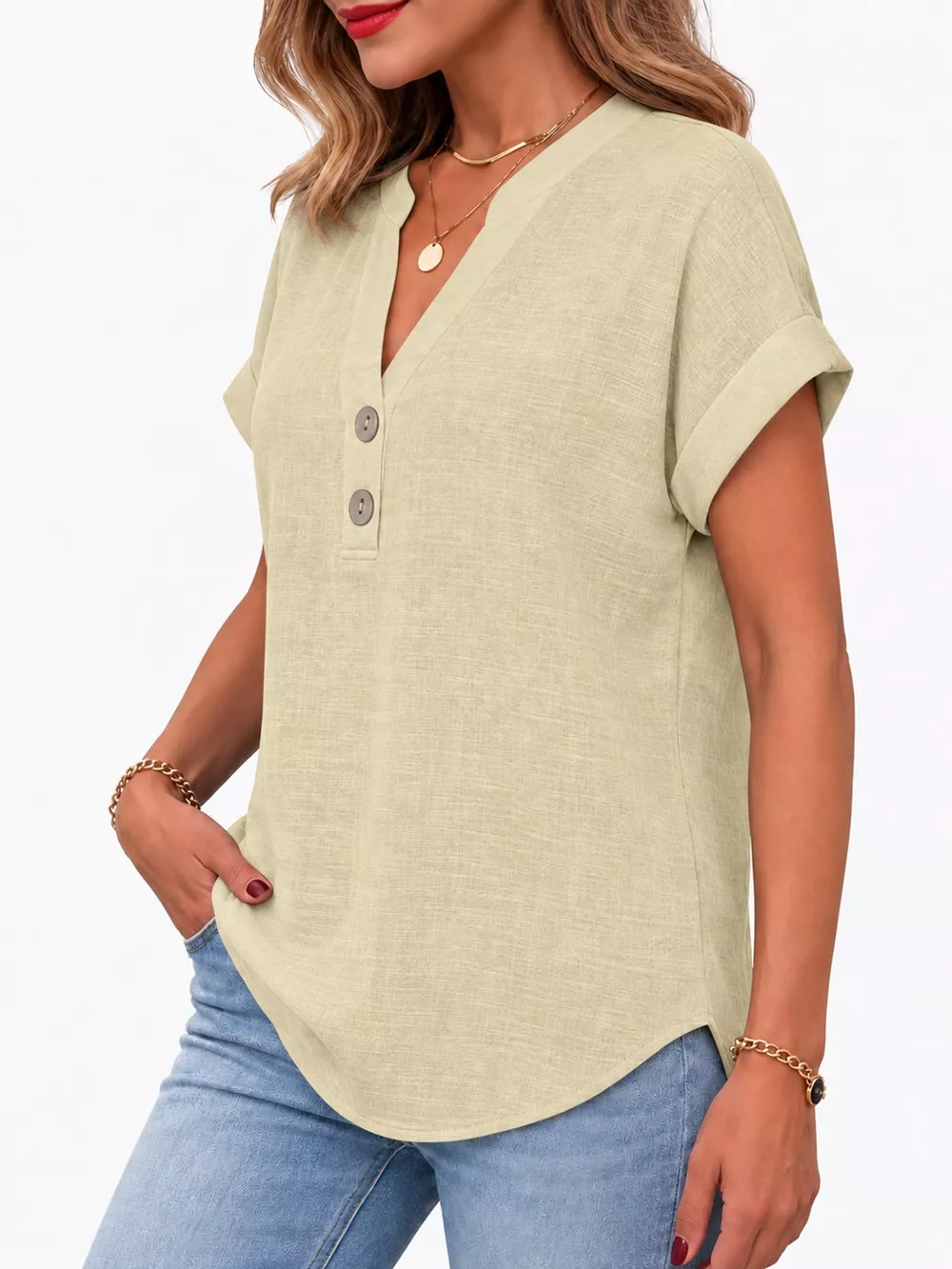 Full Size Button Detail Short Sleeve Blouse Plus Size, image 17