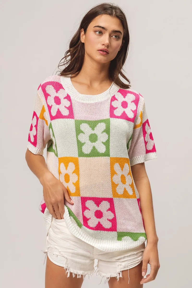 Flower Checker Pattern Lightweight Sweater Top, image 6