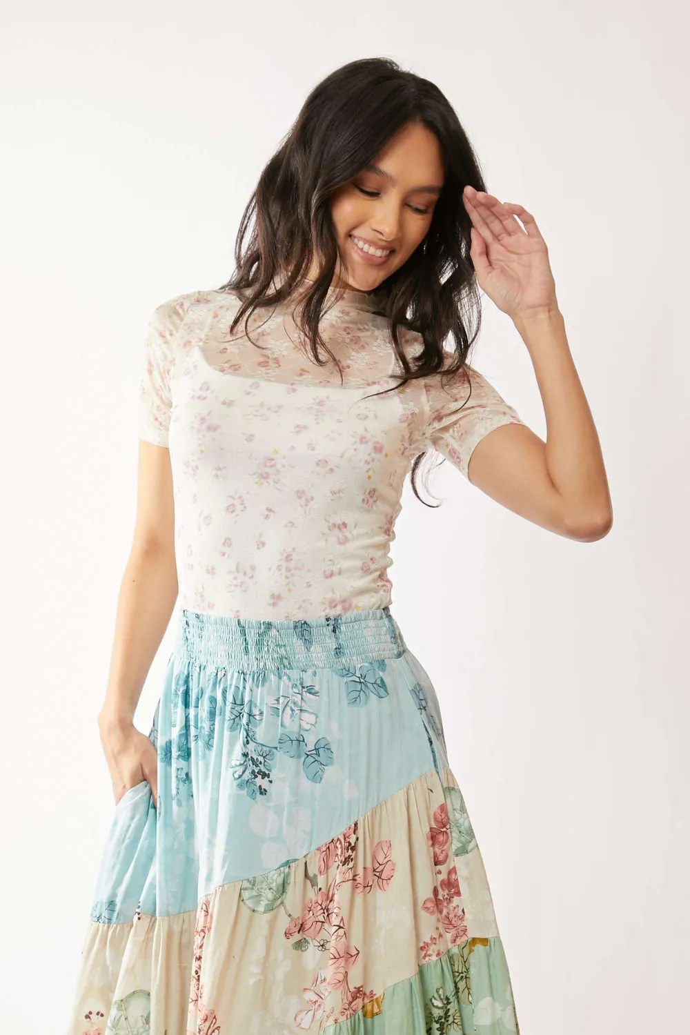 Floral Mesh Mock Neck Short Sleeve Top, image 3