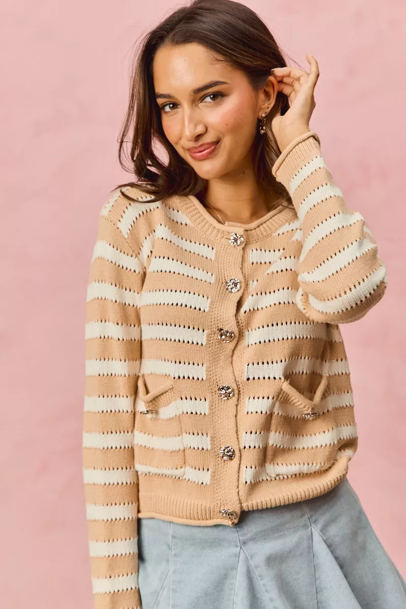 Stripe Long Sleeves Button Sweater Cardigan, image 14