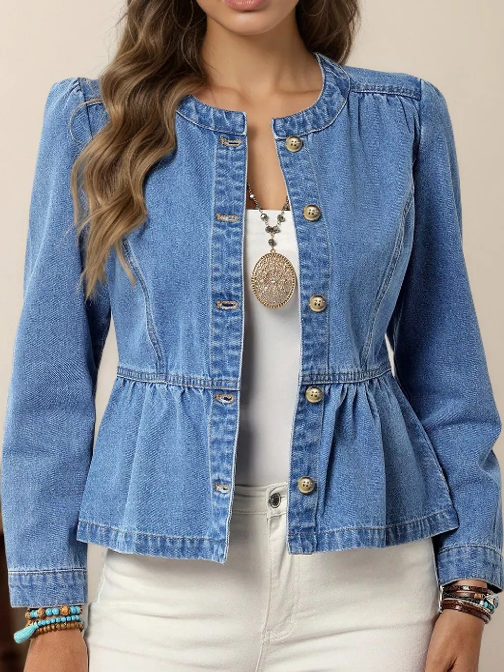 Button Up Peplum Denim Shirt