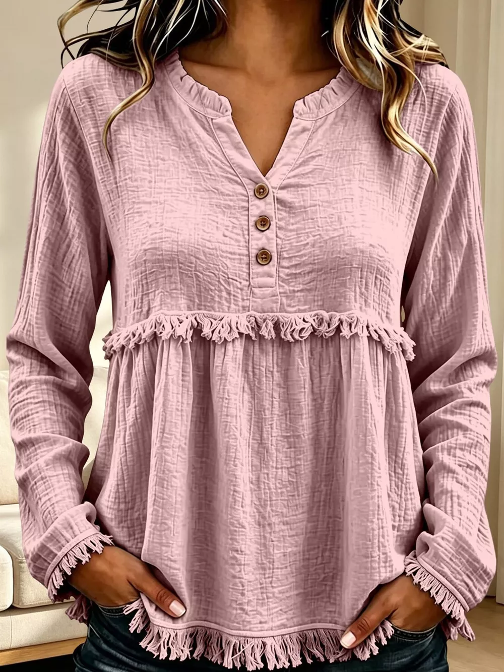 Full Size Frayed Hem Button Detail Blouse Plus Size, image 21