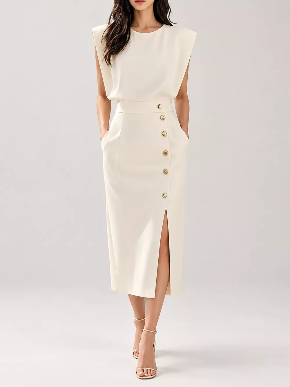 Sleeveless Midi Dress with Gold Button Detail and Side Slit, image 21