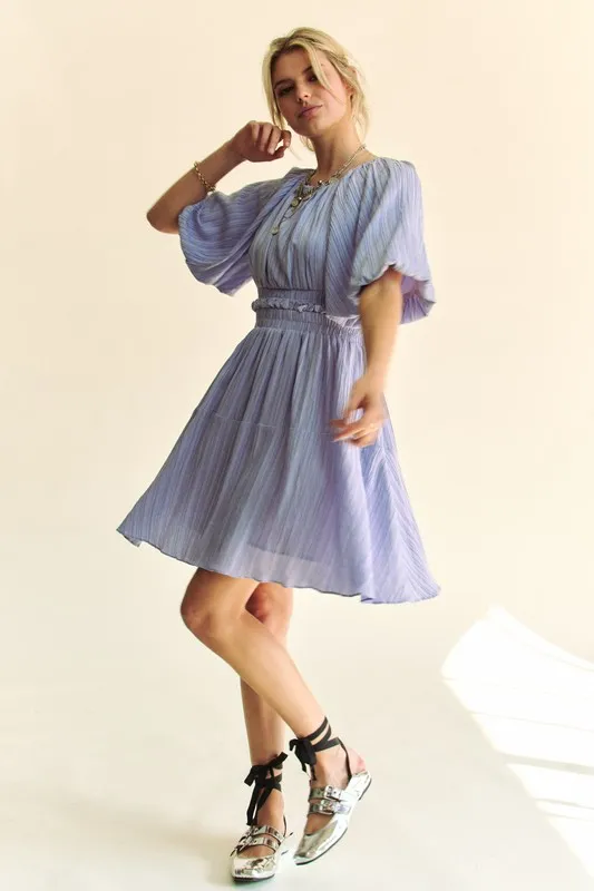 Back Button Puff Sleeve Mini Dress