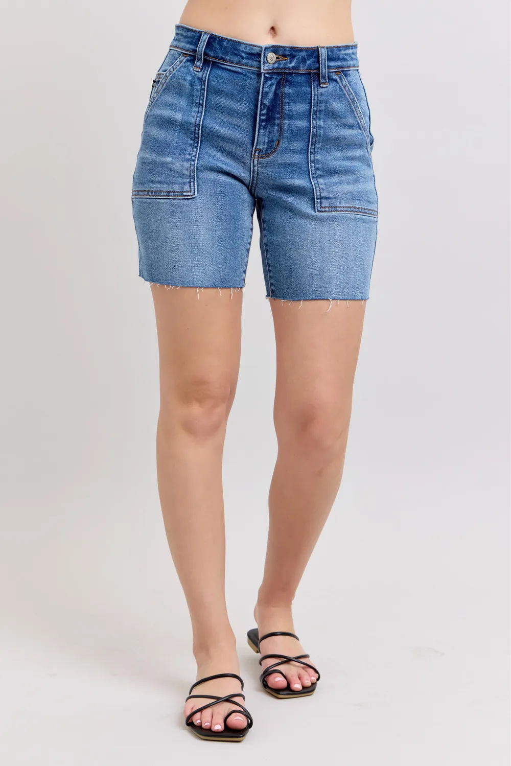 Full Size Mid Rise Bermudas Denim Shorts W/ Back Flap Pockets Plus Size, image 8