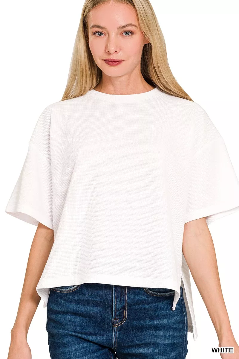 Full Size Double Knit Side Slits Hi Low Short Sleeve Top Plus Size