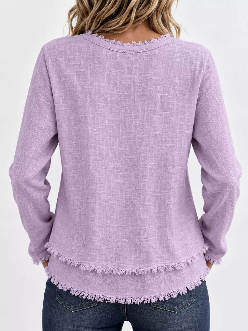 Full Size Frayed Hem V-Neck Long Sleeve Blouse Plus Size, image 54