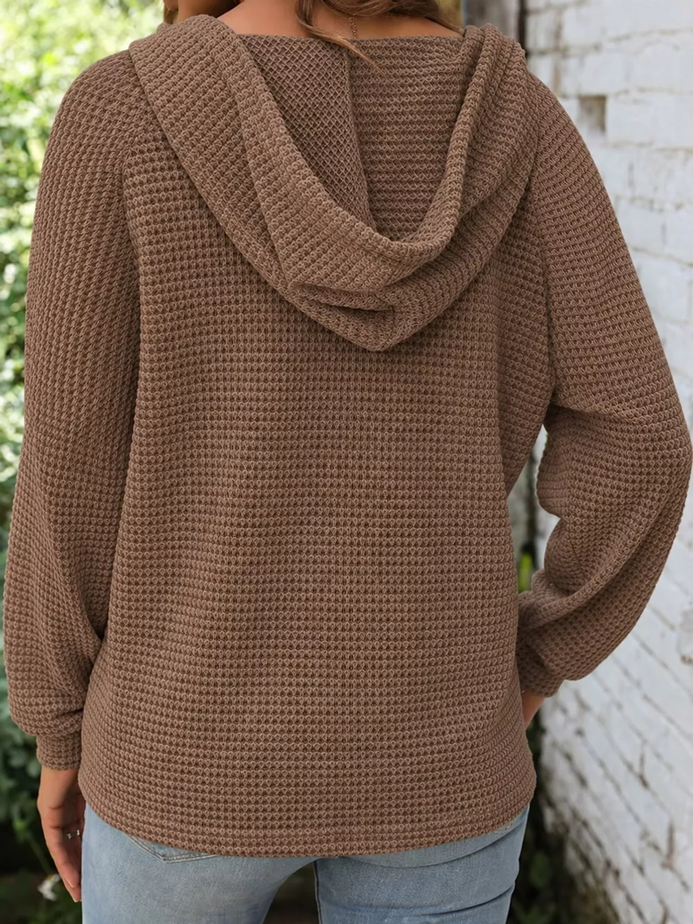 Full Size Waffle Knit Button Detail Hoodie Plus Size, image 50