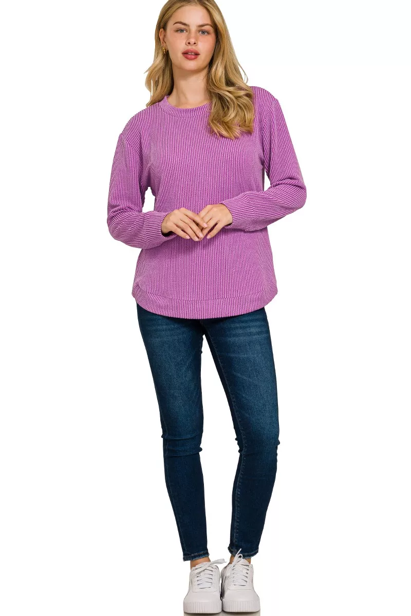 Full Size Raised Rib Round Neck Long Sleeve Top Plus Size, image 2