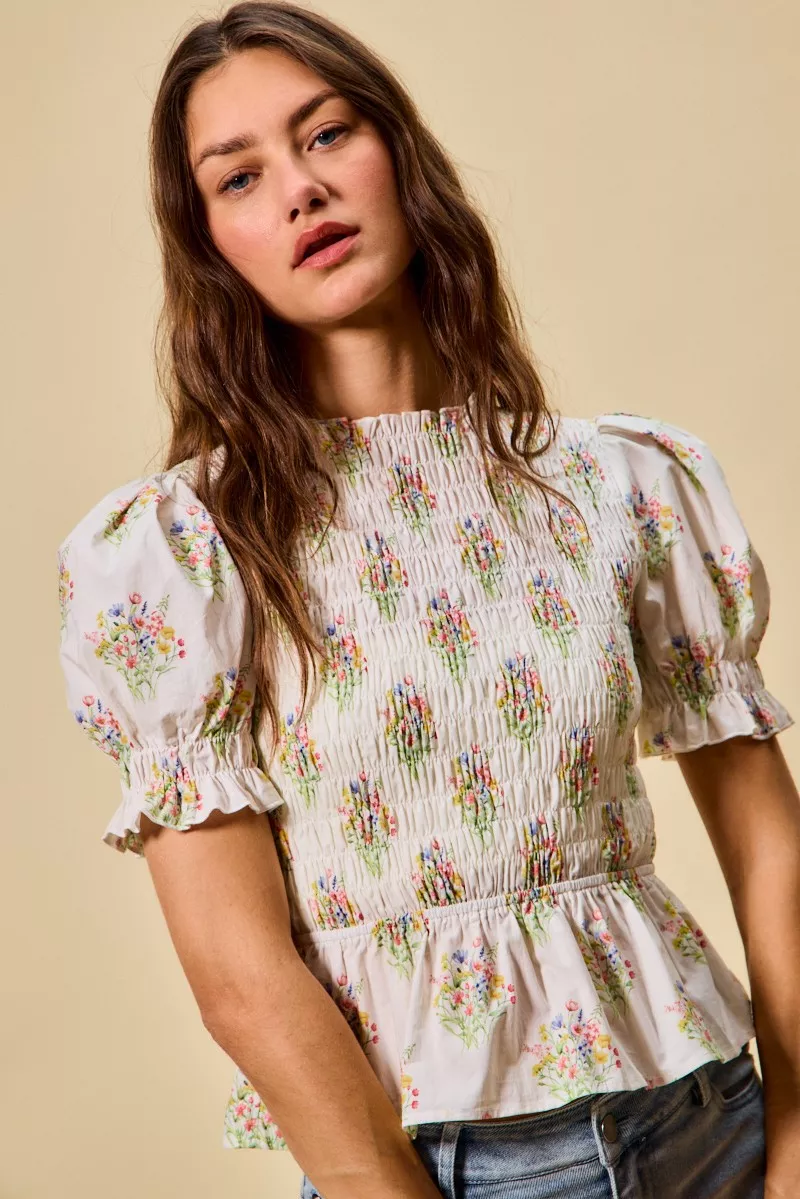 Floral Cotton Smocked Short Sleeves Blouse, image 8