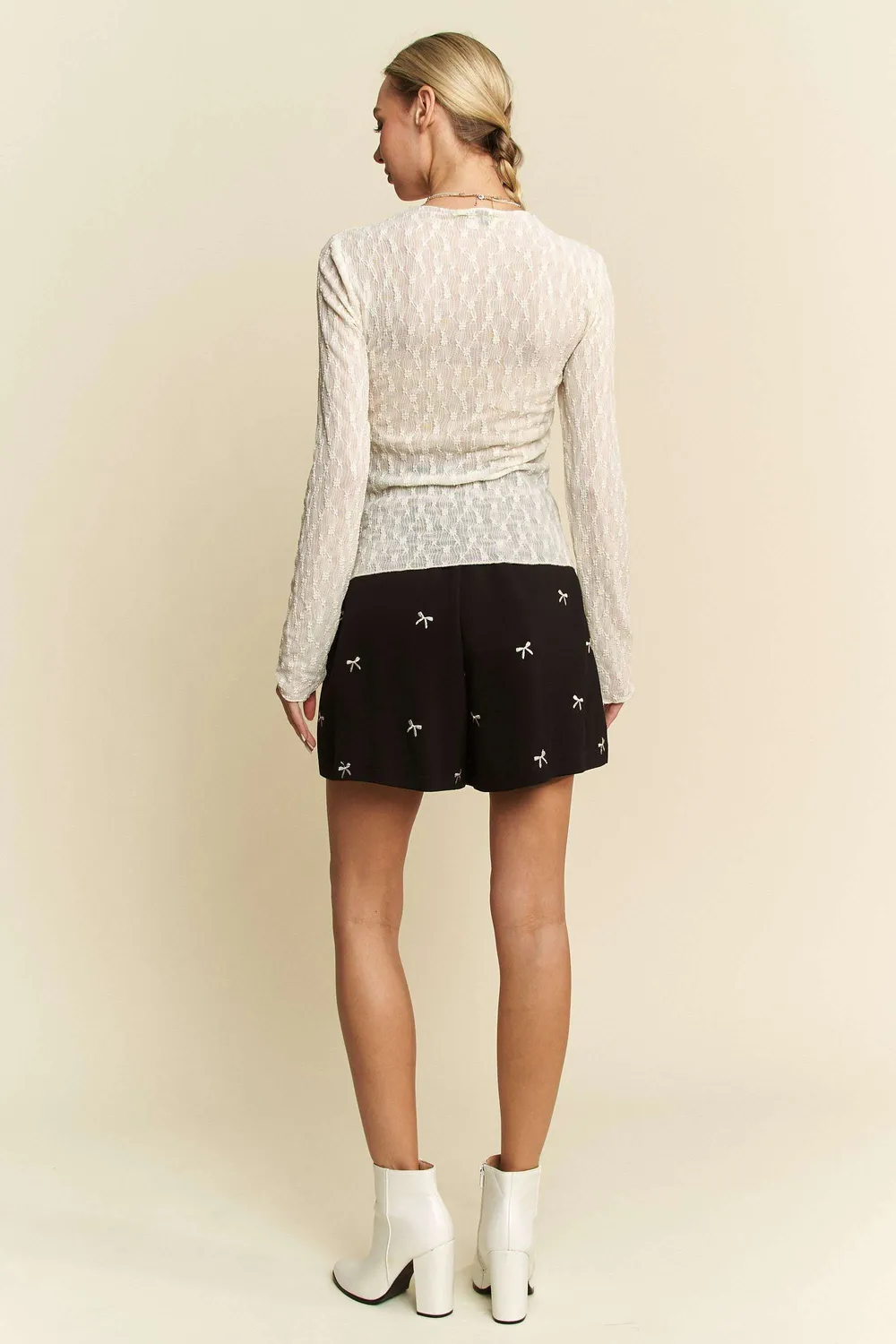 Long Sleeve Sheer Small Embroidered Bows Lace Top, image 7