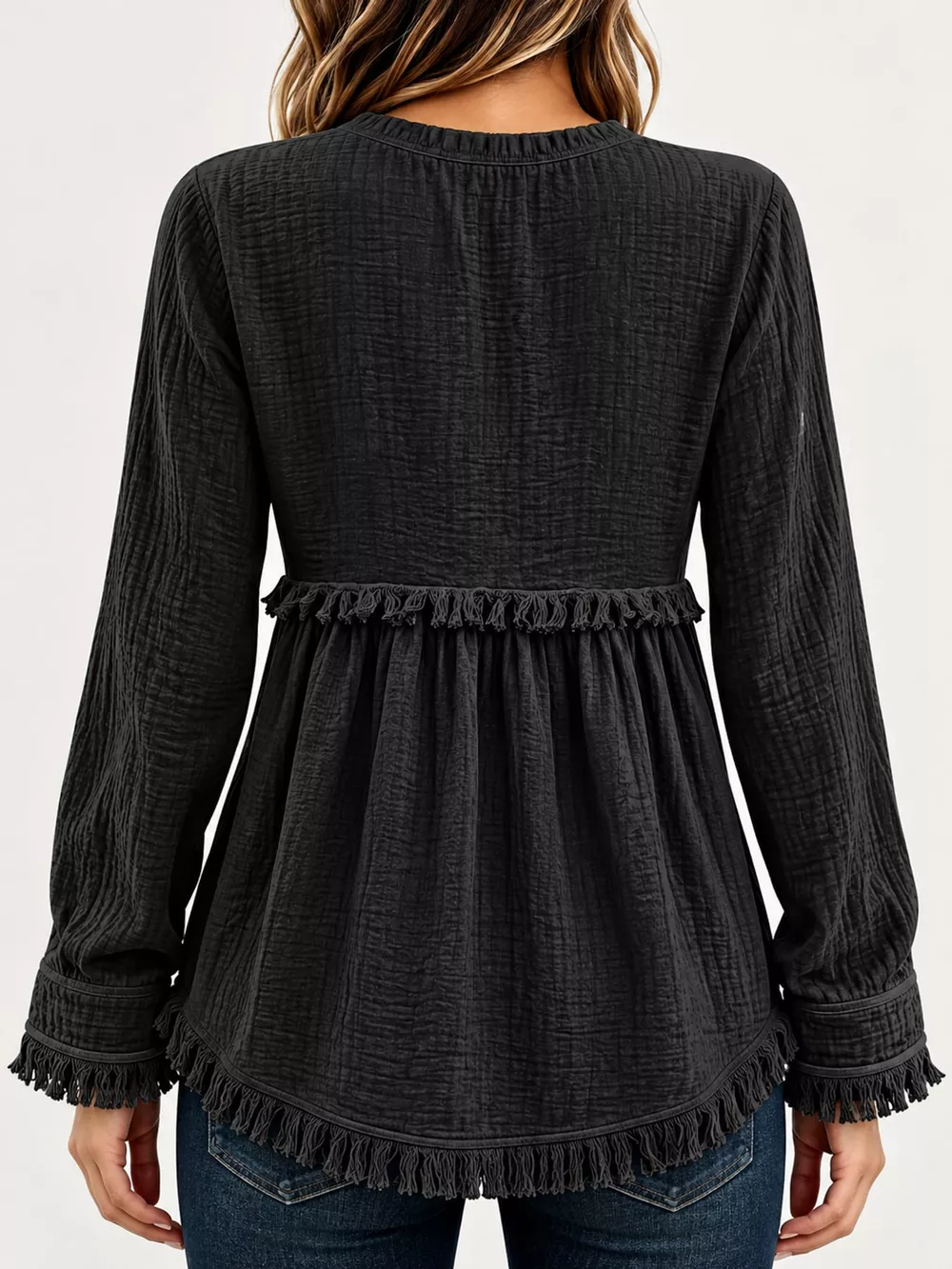 Full Size Frayed Hem Button Detail Blouse Plus Size, image 8