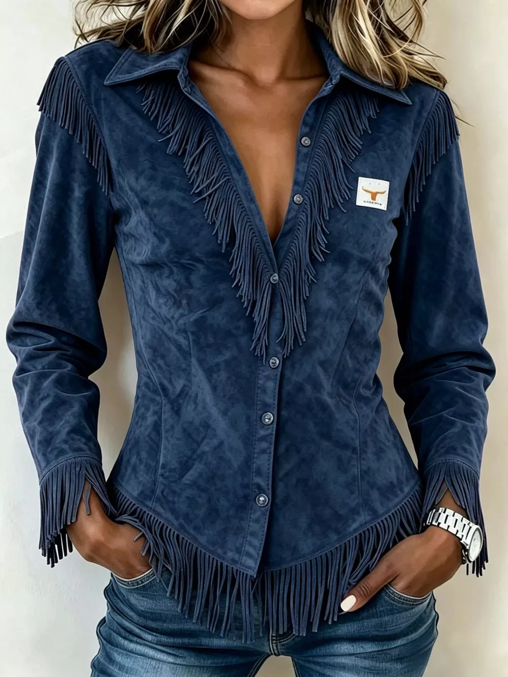 Full Size Fringed Collared Neck Shirt Plus Size, image 8