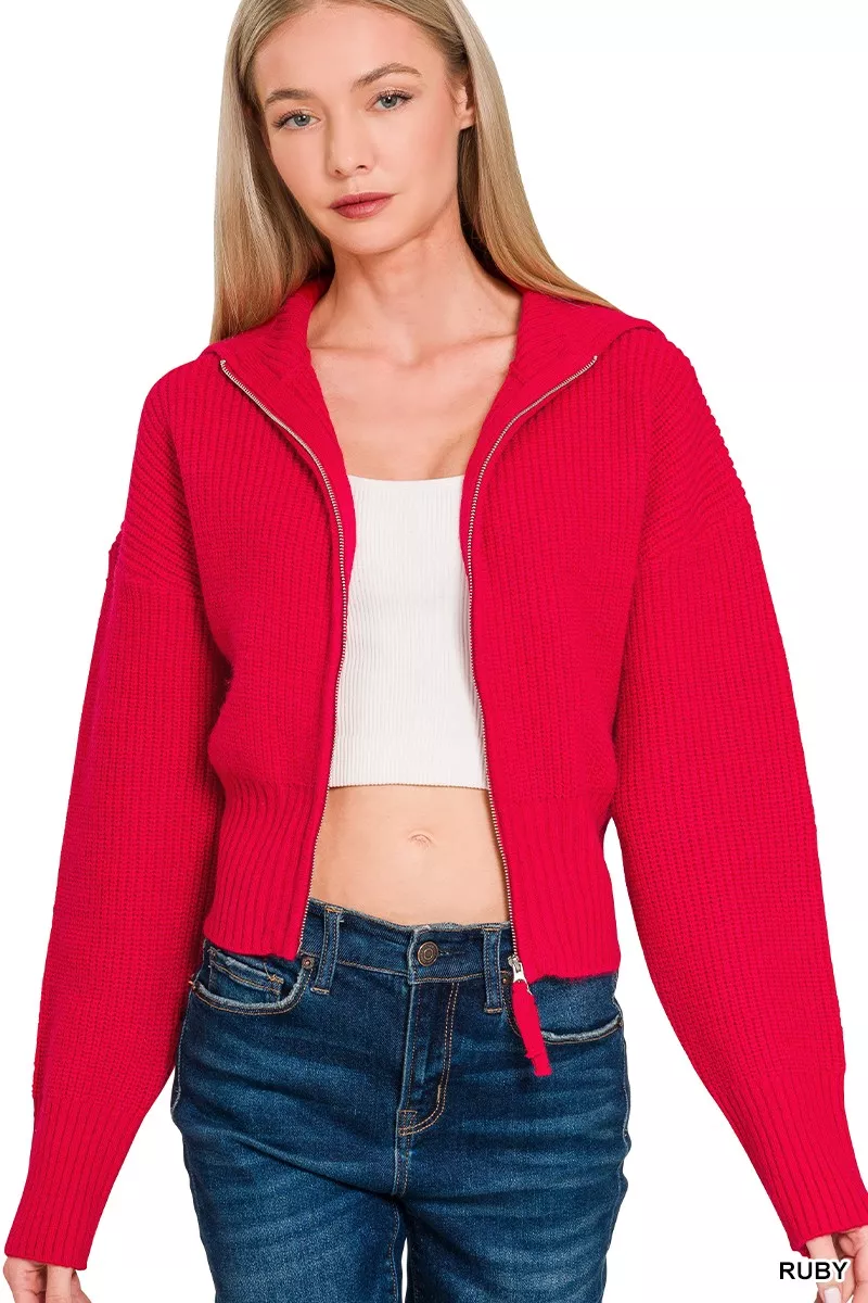 Ribbed Collared Zip Up Sweater Cardigan