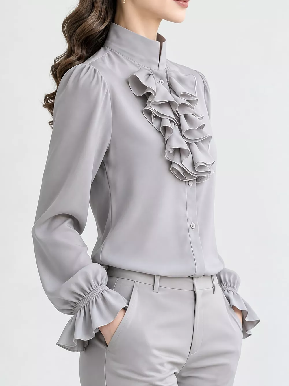 Ruffled Stand-Collar Blouse with Long Lantern Sleeves, image 6