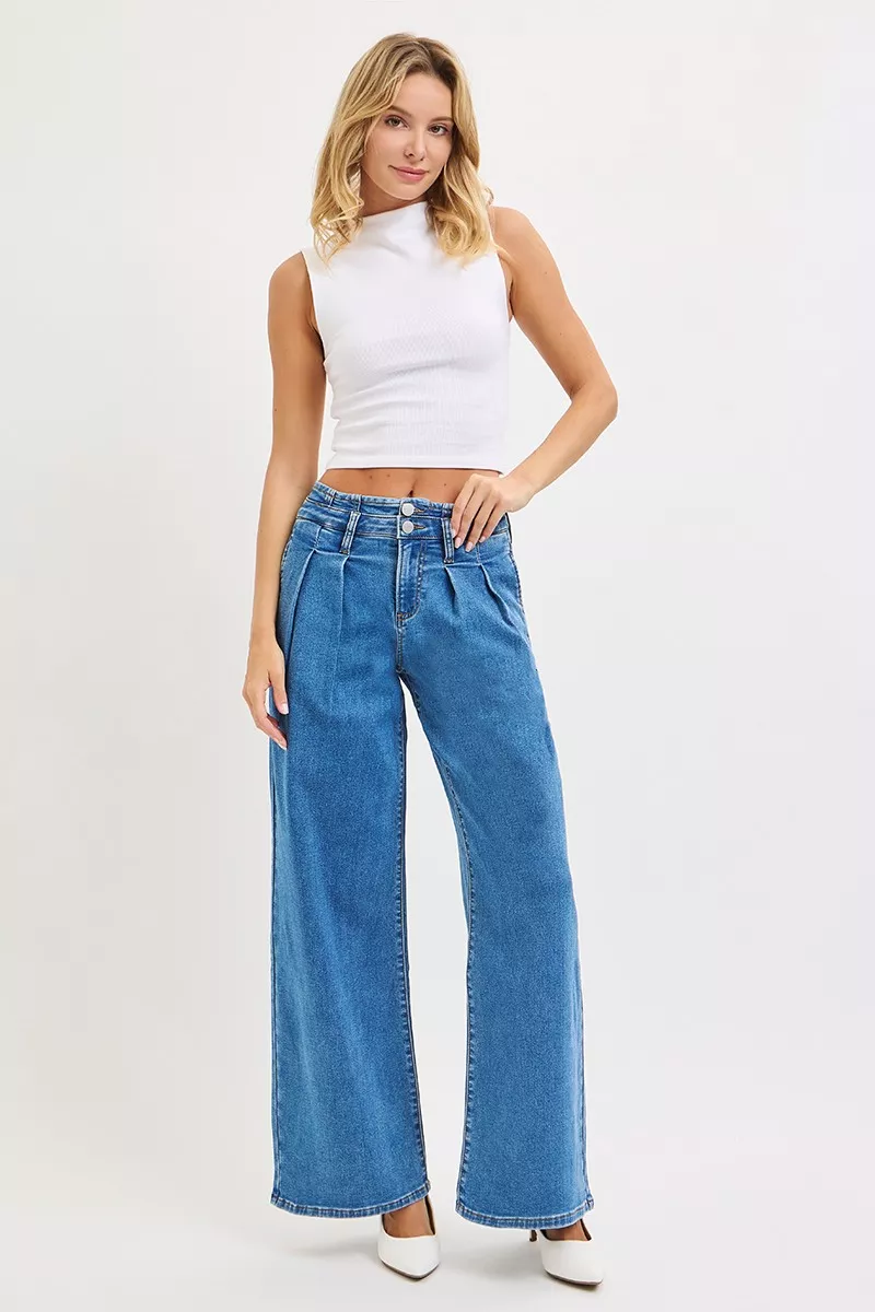 Full Size Mid Rise Fit Wide Leg with Pleated Detail Jeans Plus Size, image 3