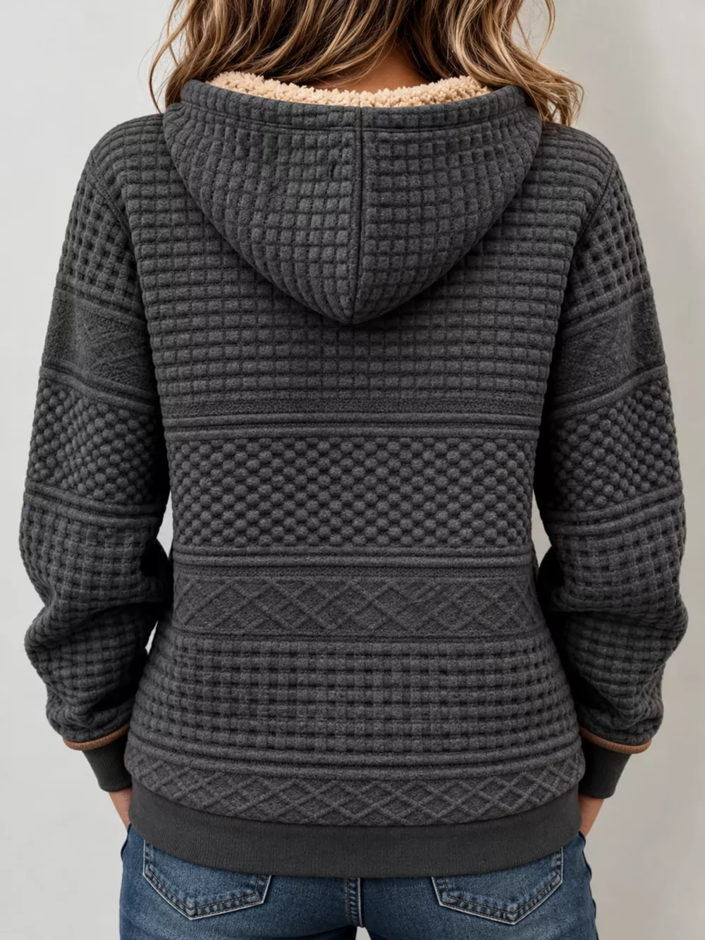 Full Size Half Zip Texture Hoodie Plus Size, image 2