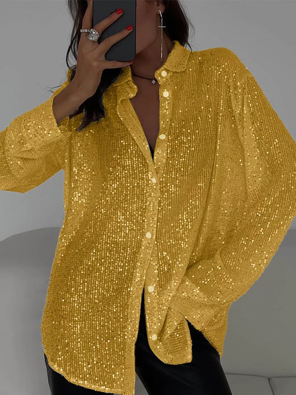 Full Size Sequin Button-Down Shirt Plus Size, image 26