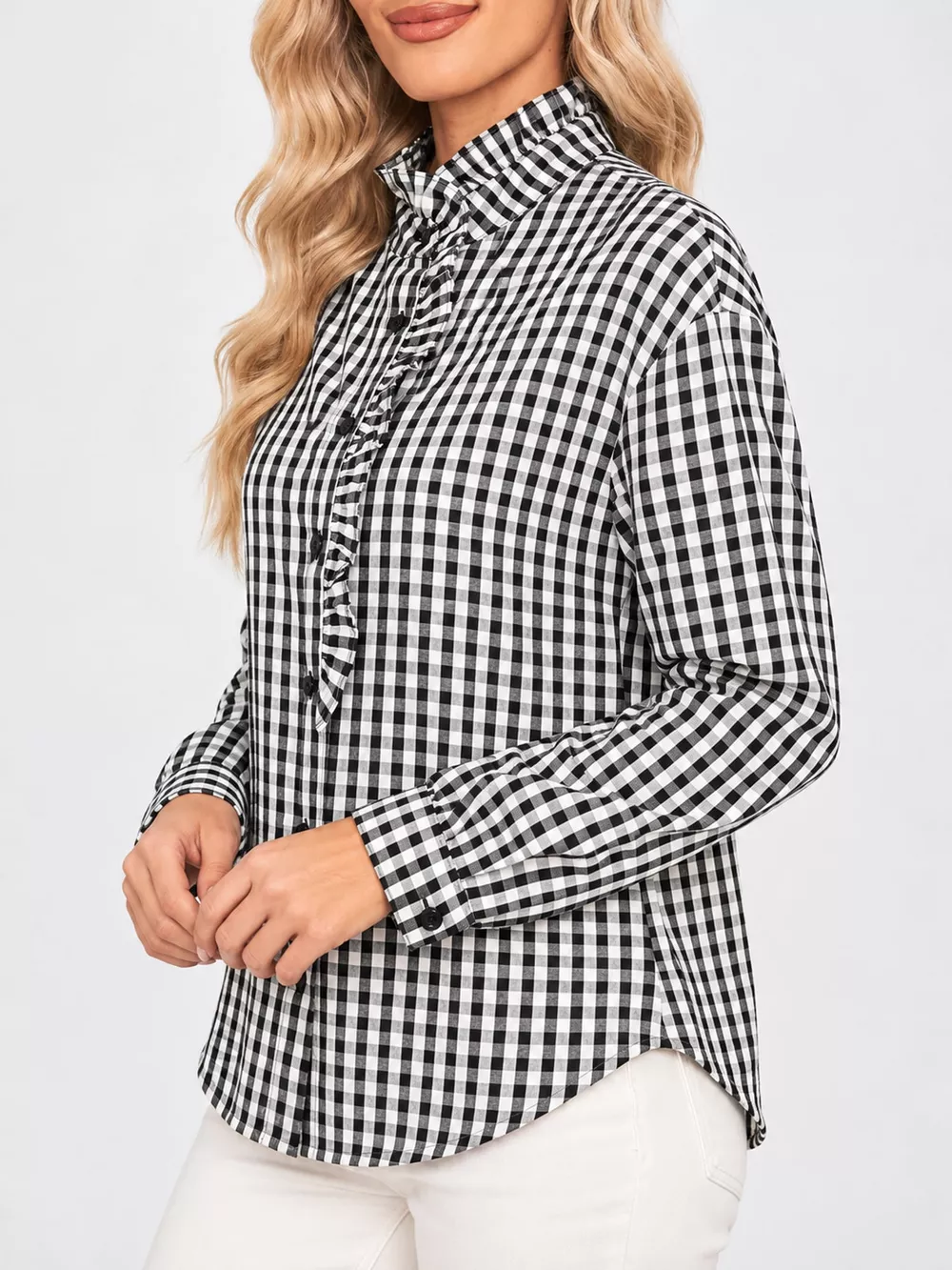 Gingham Ruffle Trim Stand Collar Shirt, image 16