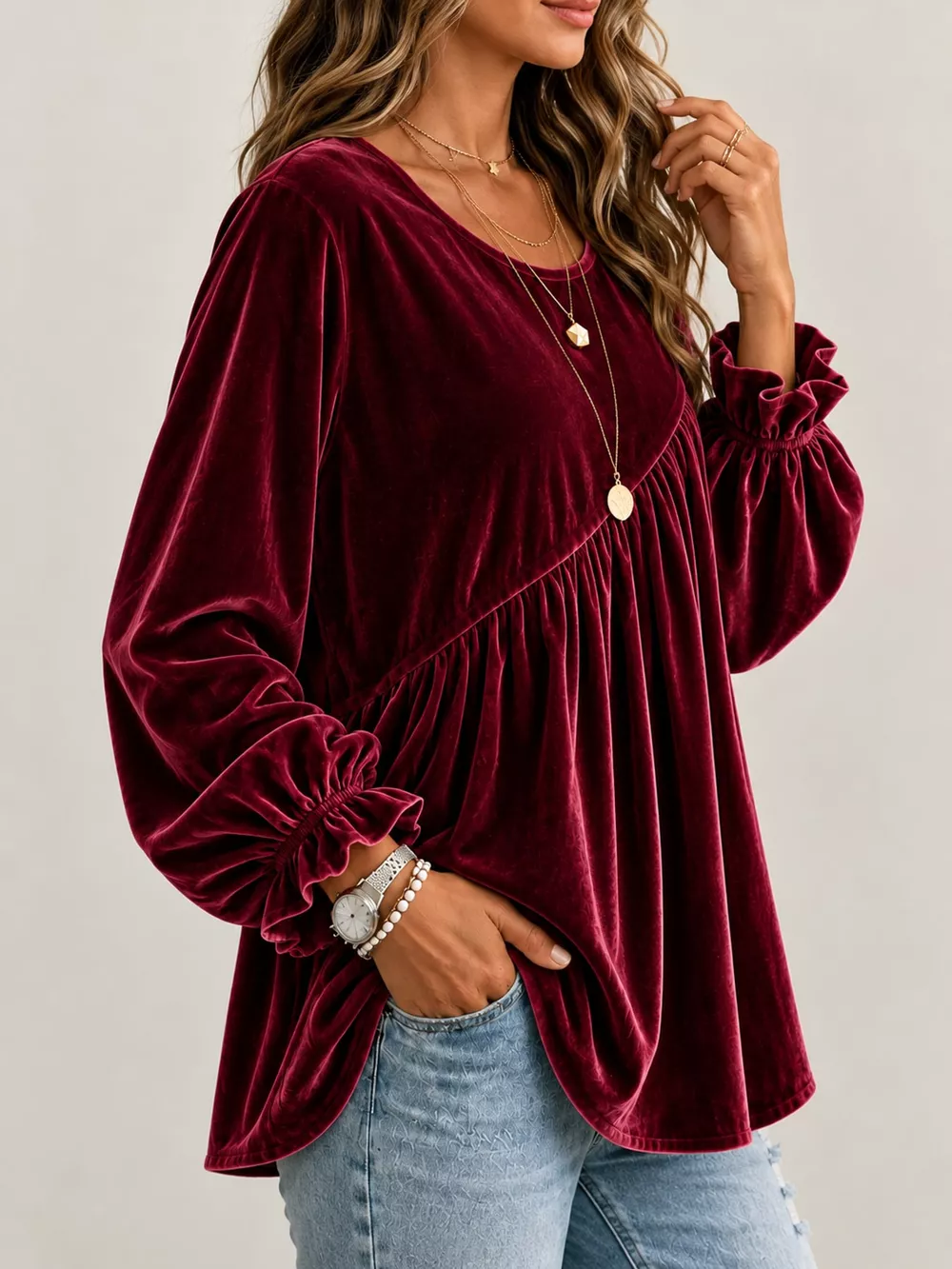 Full Size Velvet Long Sleeve Blouse Plus Size, image 8