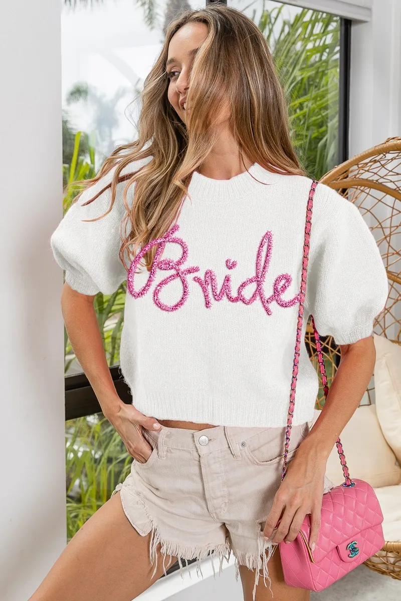 Metallic Letter Short Puff Sleeve Hairy Sweater, image 4
