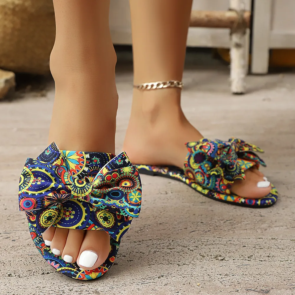 Bow Printed Open Toe Flats Sandals, image 2