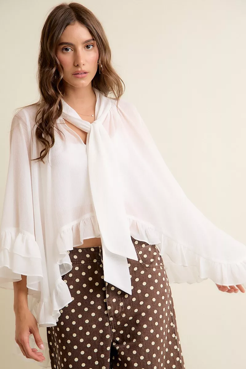 Sheer Ruffle Bell Sleeves Bow Tie Flowy Blouse Top, image 14