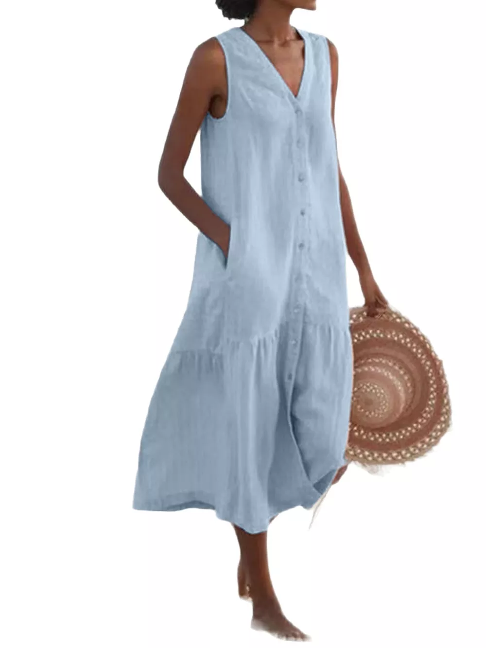 Full Size V-Neck Button Front Sleeveless Midi Dress Plus Size, image 11