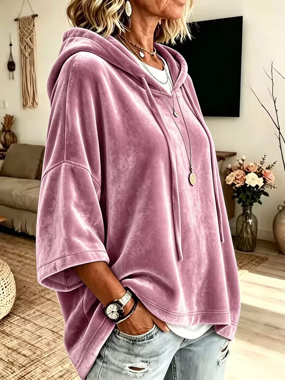 Full Size Velvet Short Sleeve Hoodie Plus Size, image 9