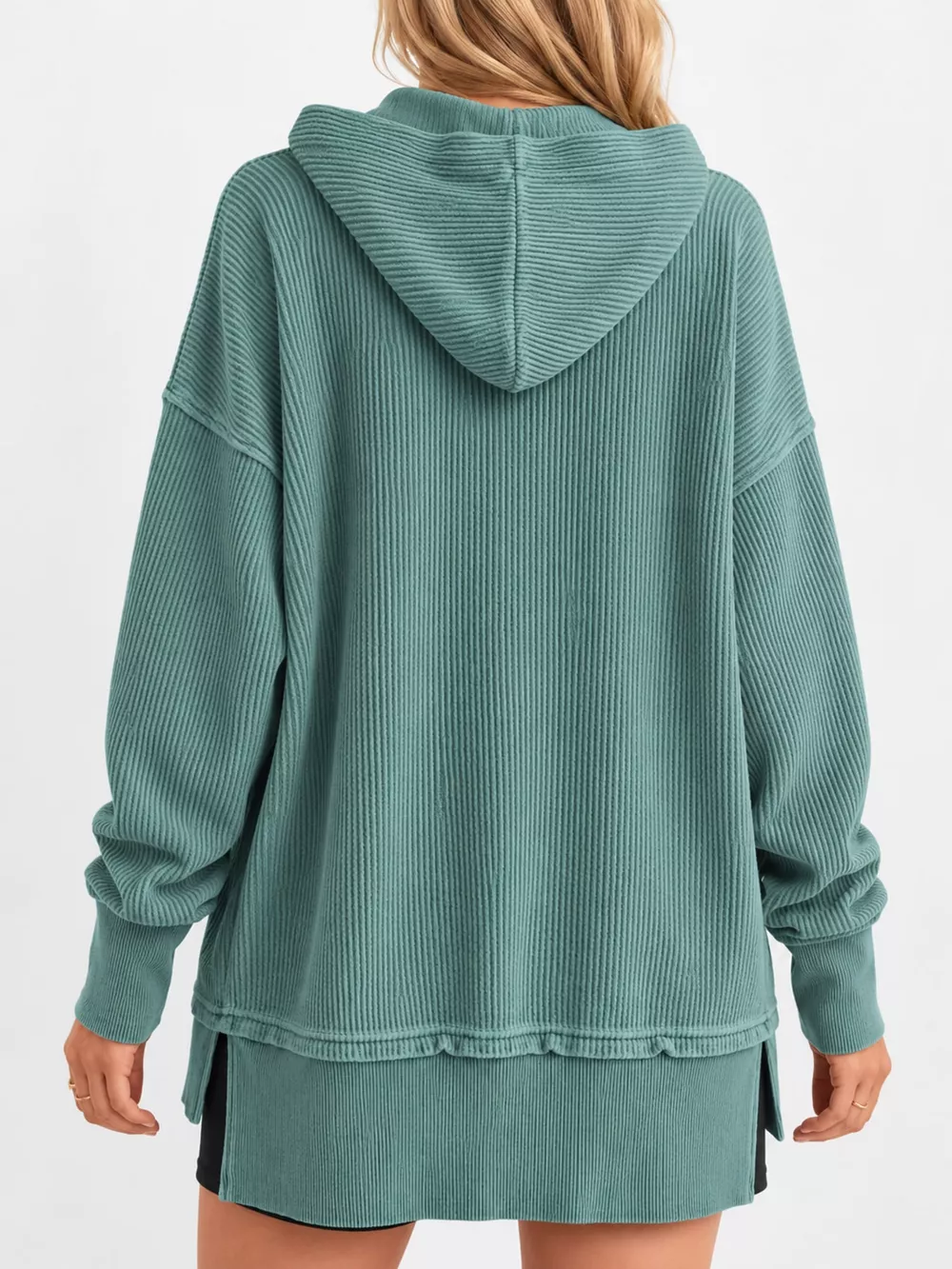 Full Size Snap Button Placket Dropped Shoulder Hoodie Plus Size, image 3