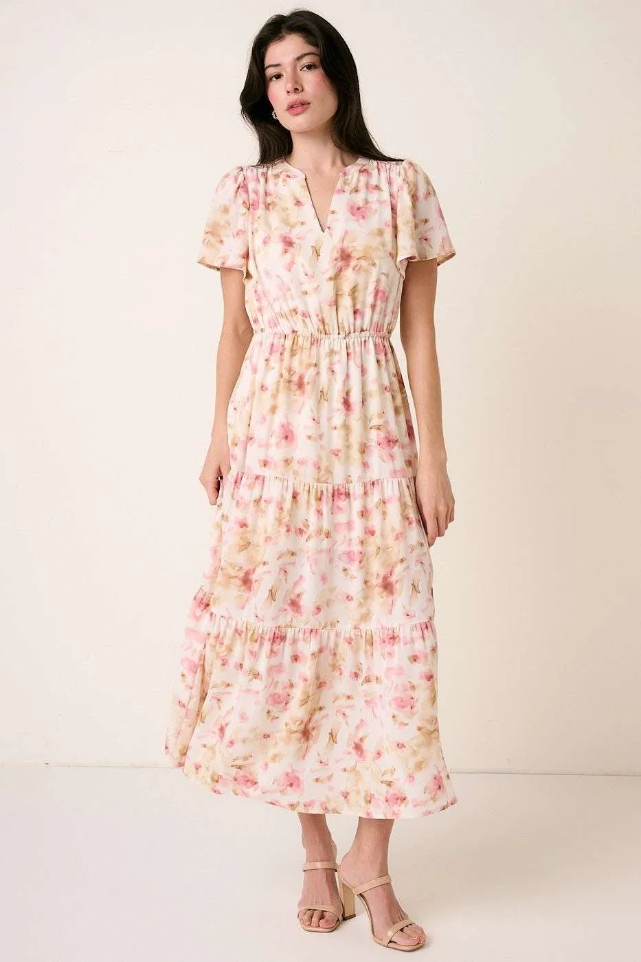 Flower Print Flutter Sleeve V Slit Maxi Dress, image 4