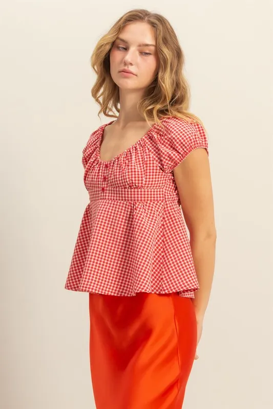 Gingham Scoop Neck Cap Sleeve Blouse, image 2