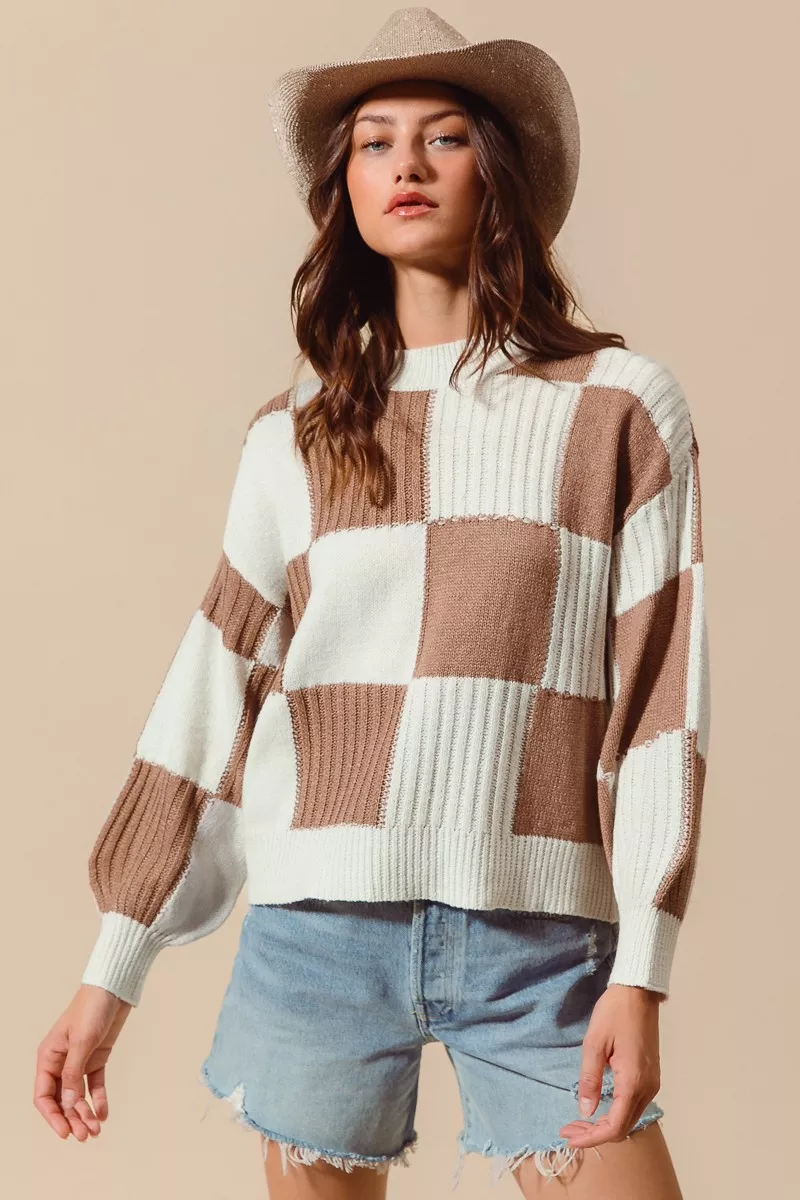 Ribbed Color Block Checkered Plaid Sweater, image 6