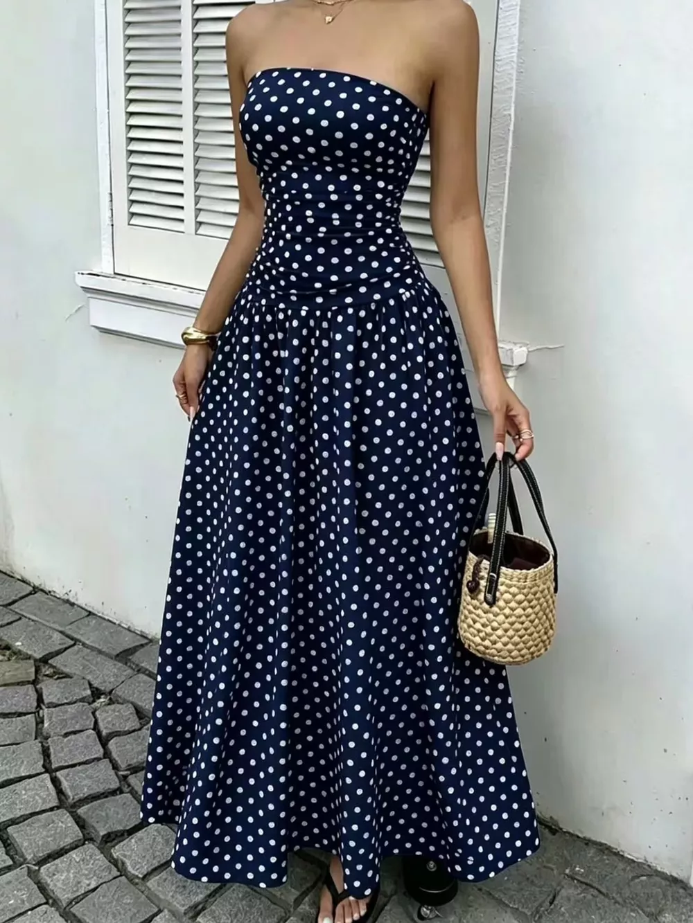 Strapless Polka Dot Ruched Maxi Dress, image 28