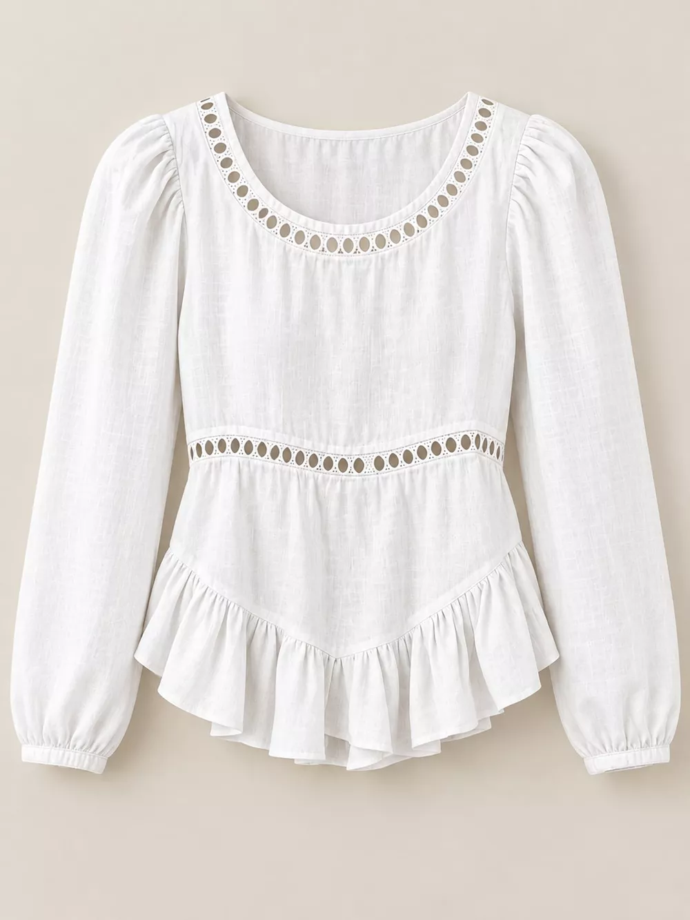 Long Sleeve Blouse with Eyelet Lace Trim and Ruffled Hem, image 12