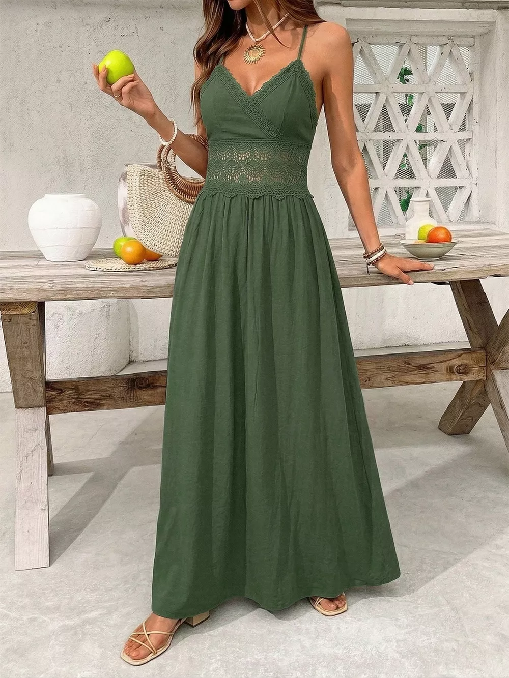 Lace Trim Spaghetti Strap Maxi Dress