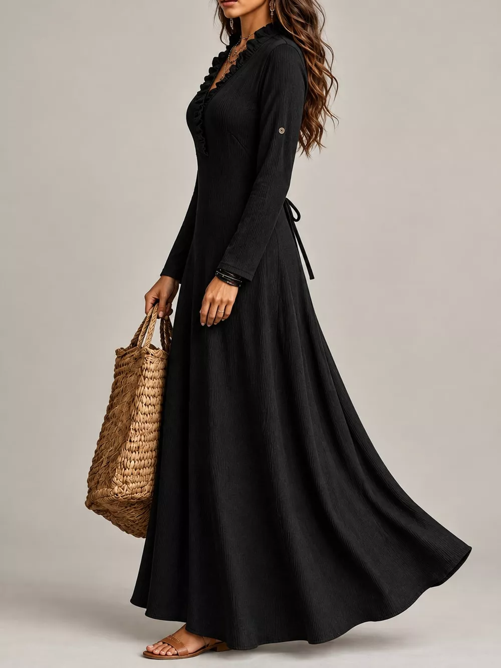 Full Size Frill Roll-Up Sleeve Maxi Dress Plus Size, image 9