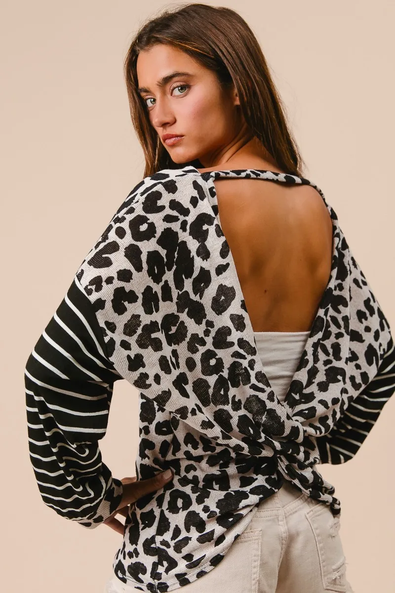 Leopard Hacci Knit Twist Back Top With Stripe Sleeve, image 8